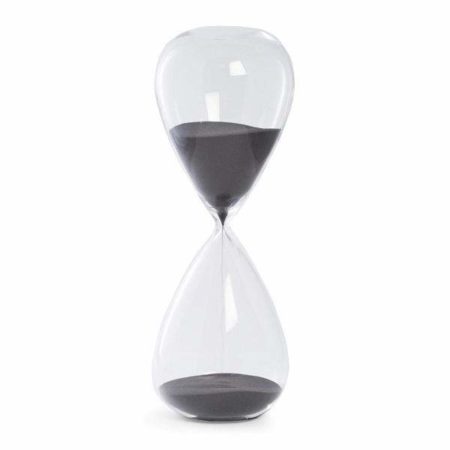 Frameless hourglass timer filled with black sand.