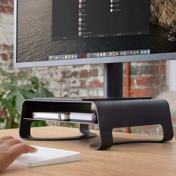 Twelve South Curve Desk Riser Monitor Stand - Black with Monitor side view