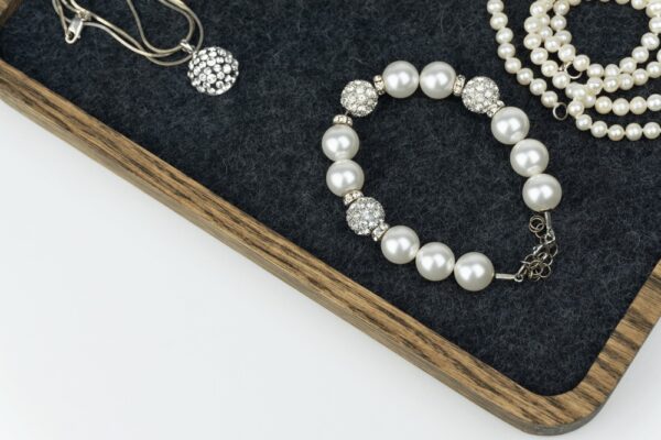 Walnut Wood Jewelry Tray - Black inner lining with pearl and diamond jewelry