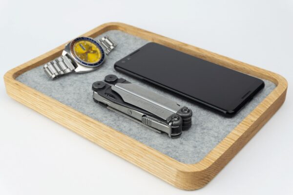 Wood Jewelry Tray - With Watch, Multitool, Phone - Natural, Light grey lining
